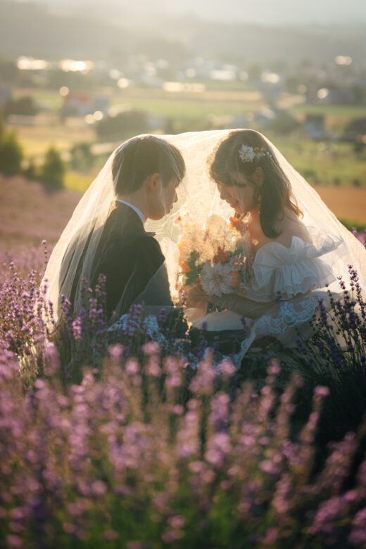ラベンダー畑で見つめ合うカップル